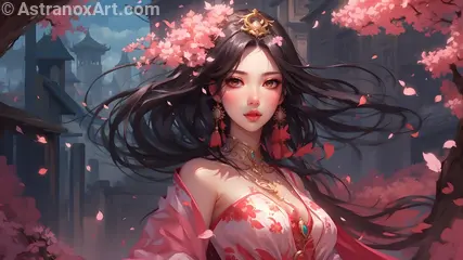 A captivating 4K wallpaper depicting a stunningly beautiful digital enchantress of exotic Egyptian, Amazonian, and Scandinavian origins, adorned in an anime-inspired cherry blossom kimono, standing waist-deep in the Net, a virtual realm of fantastical landscapes and lurking dangers like hackers, cybercriminals, and rogue AI.