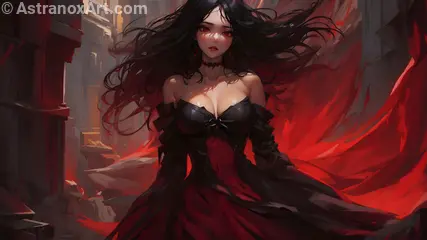 A mesmerizing 4K wallpaper depicting a stunningly beautiful blood priestess with glowing crimson eyes, of Spanish, Ethiopian, and Filipino origins, clad in revealing black garb, standing within The Gorgemire, a bottomless underworld chasm teeming with foul ooze, congealed viscera, and unholy abominations swimming in the depths.