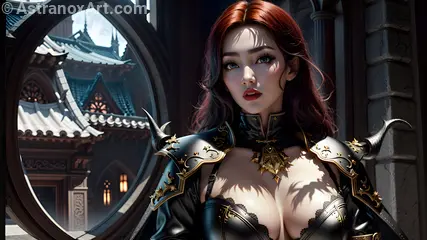 Powerful female warlock with blue eyes and fiery red hair takes center stage in the heart of a bustling city - 4K fantasy wallpaper capturing the essence of urban enchantment and magic