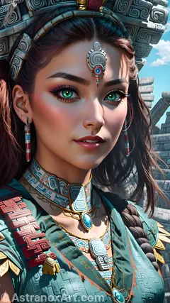 Stunning portrait of a female cleric with captivating green eyes and rich burgundy beach waves, set in an urban temple at daytime - 4K fantasy portrait, a world of enchantment