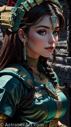 Captivating portrait of a female Templar with striking grey eyes and flowing brown hair, set in a Mayan-inspired urban landscape - 4K fantasy portrait, an enigmatic journey to the unknown