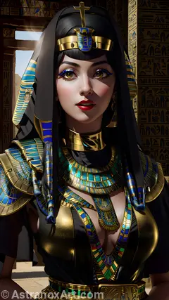 Captivating portrait of a female Priest with striking grey eyes and flowing black hair, set against an Egyptian pyramid - 4K fantasy portrait, an enchanting journey to enchantment