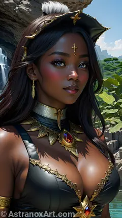 Enchanting portrait of a female Priest with blue eyes and straight black hair in an African-inspired jungle - 4K fantasy portrait, an invitation to explore the world of magic and wonder