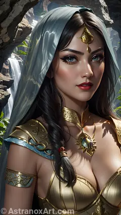 Enchanting portrait of a female Sorcerer with striking blue eyes and straight black hair by the mountain in the daytime - 4K fantasy portrait, an invitation to explore a world of magic and wonder