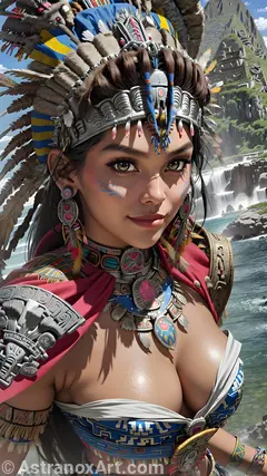 Mystical portrait of a female Shaman with captivating hazel eyes and straight black hair against the tranquil river in the daytime - 4K fantasy portrait, an invitation to discover the unknown and embrace mystery