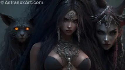 Discover the enchanting world of a female necromancer, her enigmatic companion, and an evil black cat in this 4K fantasy portrait. Lawful Evil and dark sorcery come to life in this mystical landscape