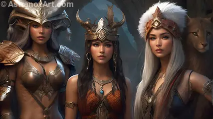 Mystical Trio - Platinum-Haired Witch, Abstract Shaman, and Silver-Armored Warrior in Fantasy 4K Wallpaper