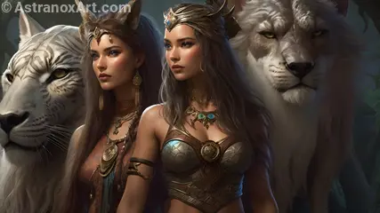 Enchanted Druid Sisters and Mythical Beasts - 4K Wallpaper