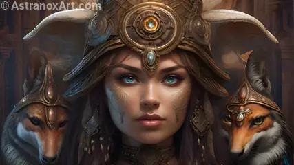 Enchanting 4K Wallpaper: Close-up of a legendary witch with a magical helmet and mystical fox-like creatures