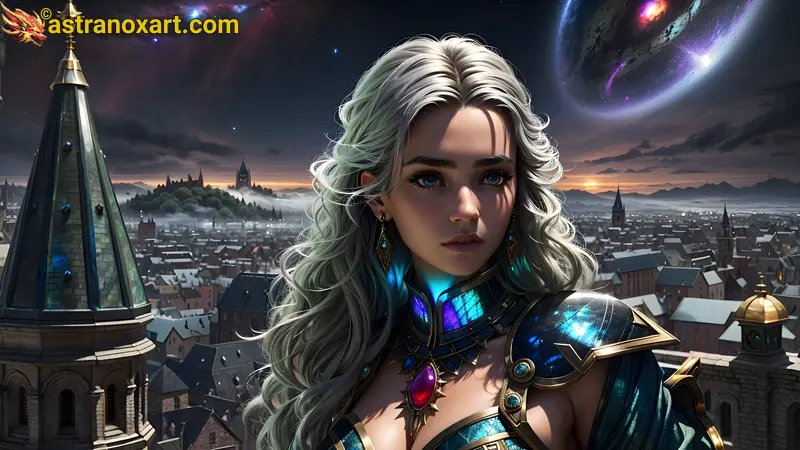 Powerful sorceress with blue eyes and curly silver hair in an urban fantasy landscape at sundown - 4K wallpaper blending magic and modernity Astranox Art