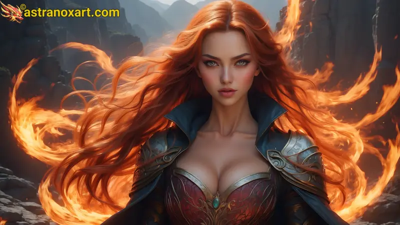 A mesmerizing portrait of a flame-haired enchantress in a cursed valley, her fiery hair reflecting the glow of powerful flames in this 4K wallpaper. Astranox Art