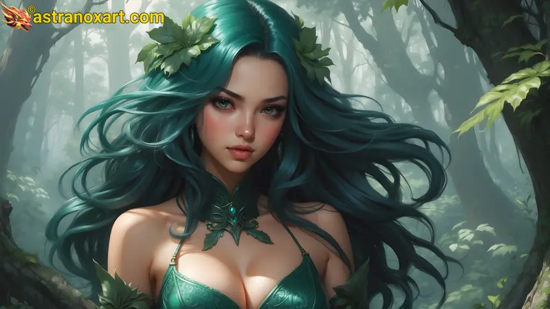 A witch with emerald green and midnight blue hair communing with spirits in a lush, foggy forest in this 4K wallpaper. Astranox Art