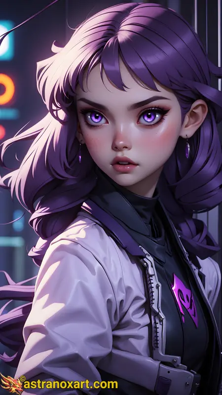 Wallpaper of a necromancer with purple hair and piercing purple eyes stands tall in Neon District. Her cybernetic enhancements blend seamlessly with her futuristic fashion. Astranox Art