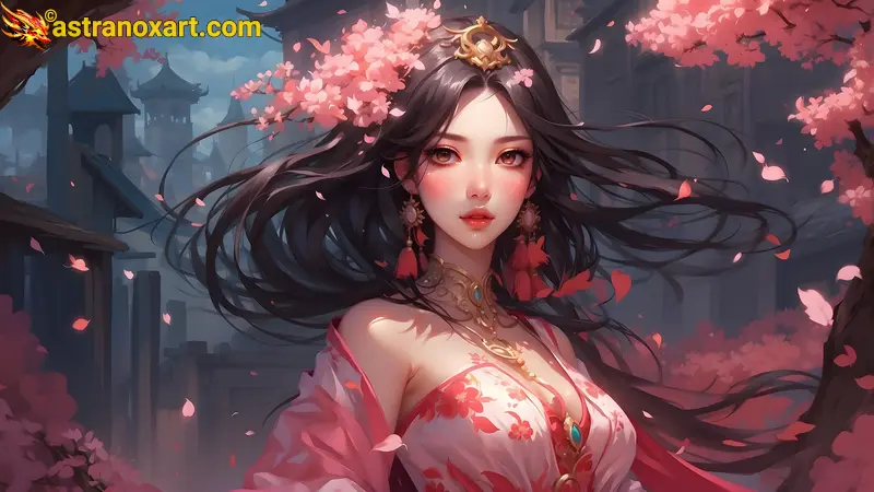 A captivating 4K wallpaper depicting a stunningly beautiful digital enchantress of exotic Egyptian, Amazonian, and Scandinavian origins, adorned in an anime-inspired cherry blossom kimono, standing waist-deep in the Net, a virtual realm of fantastical landscapes and lurking dangers like hackers, cybercriminals, and rogue AI. Astranox Art