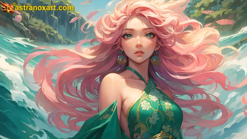 A captivating 4K wallpaper depicting a striking, athletic female with long pink hair and whimsical foliage tips, dressed in an azure kimono with gold patterns, standing waist-deep amidst mermaids and mythical marine creatures in the tranquil, surreal waters of the Eternal Sea of Serenity, a fantastical realm of enchanting wonder. Astranox Art