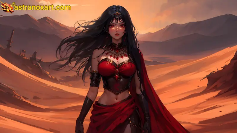 A captivating 4K wallpaper depicting a stunningly beautiful necromancer priestess of Northern European, Middle Eastern, and African origins, clad in a black corset and tattered crimson skirt, amidst the desolate Crimson Wastes, a visually rich and haunting panorama where dark fantasy horror and supernatural beauty reign supreme. Astranox Art