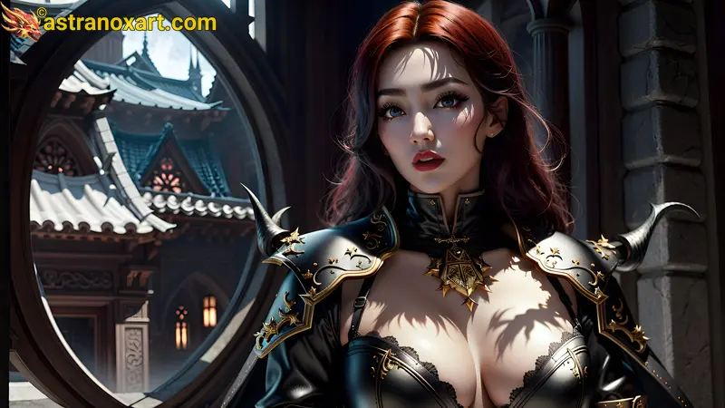 Powerful female warlock with blue eyes and fiery red hair takes center stage in the heart of a bustling city - 4K fantasy wallpaper capturing the essence of urban enchantment and magic Astranox Art