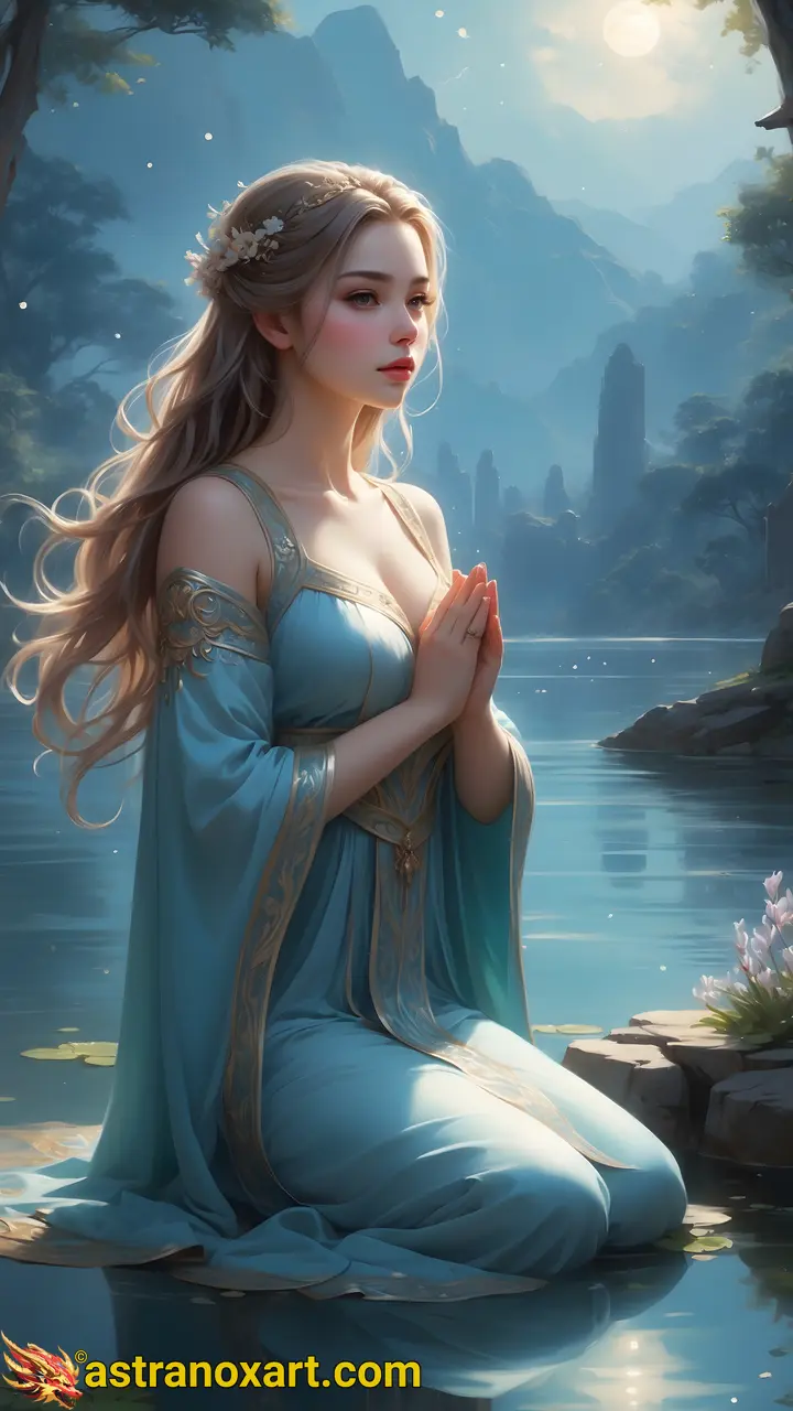 A stunning female priest adorned in ethereal robes by a shimmering lake under a celestial sky in this 4K wallpaper. Astranox Art