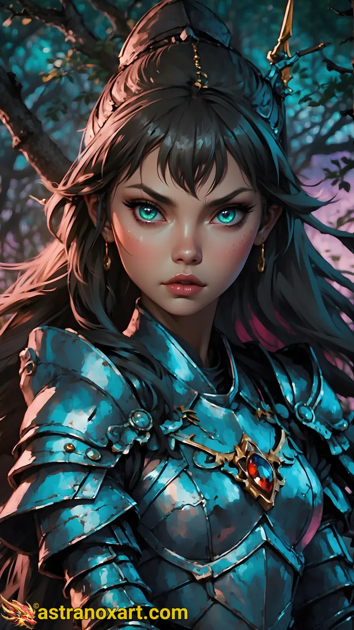 Amidst a mystical forest of vibrant colors, a woman in silver armor, with captivating teal eyes, stands enthralled by the haunting melodies. Astranox Art