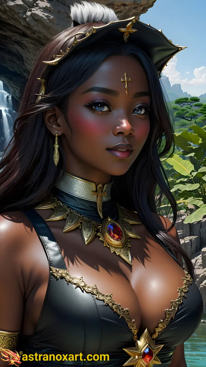 Enchanting portrait of a female Priest with blue eyes and straight black hair in an African-inspired jungle - 4K fantasy portrait, an invitation to explore the world of magic and wonder Astranox Art