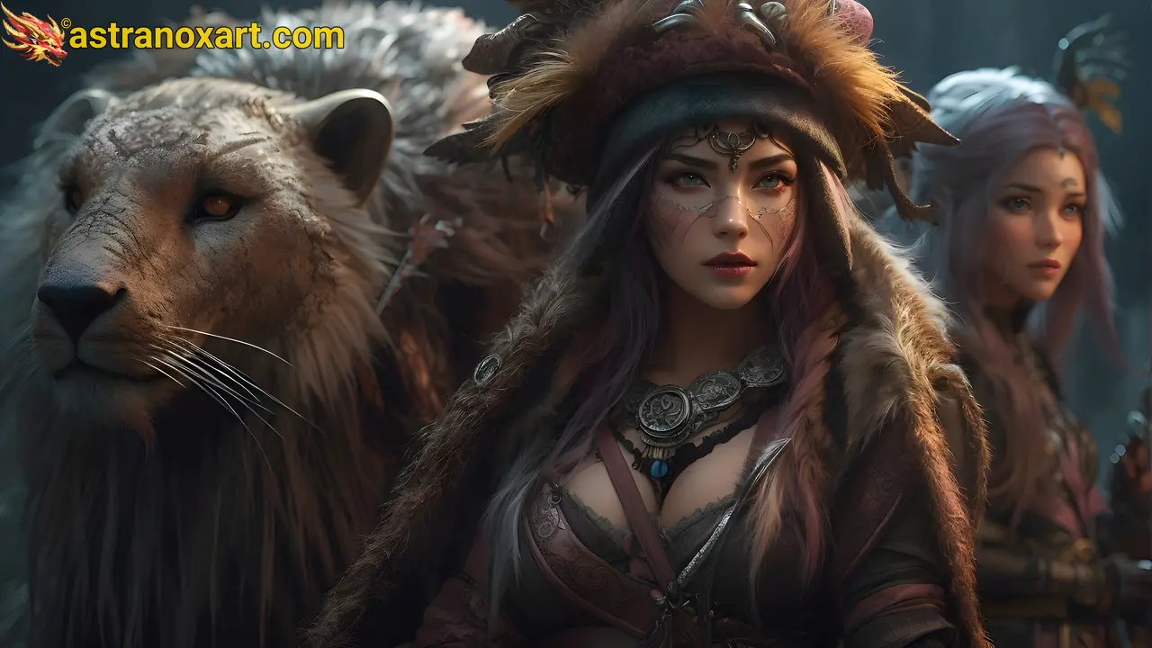 Fantasy Female Hunter in Protective Attire with Lion Companion and Silver Sorceress - Magical Adventure Wallpaper 4K Astranox Art